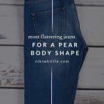 A pair of jeans with text overlay that reads: most flattering jeans for a pear body shape.