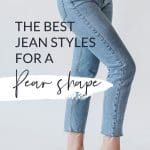 A pear shaped women wearing Mom jeans, with text to the left that reads: The best jeans styles for a pear shape.