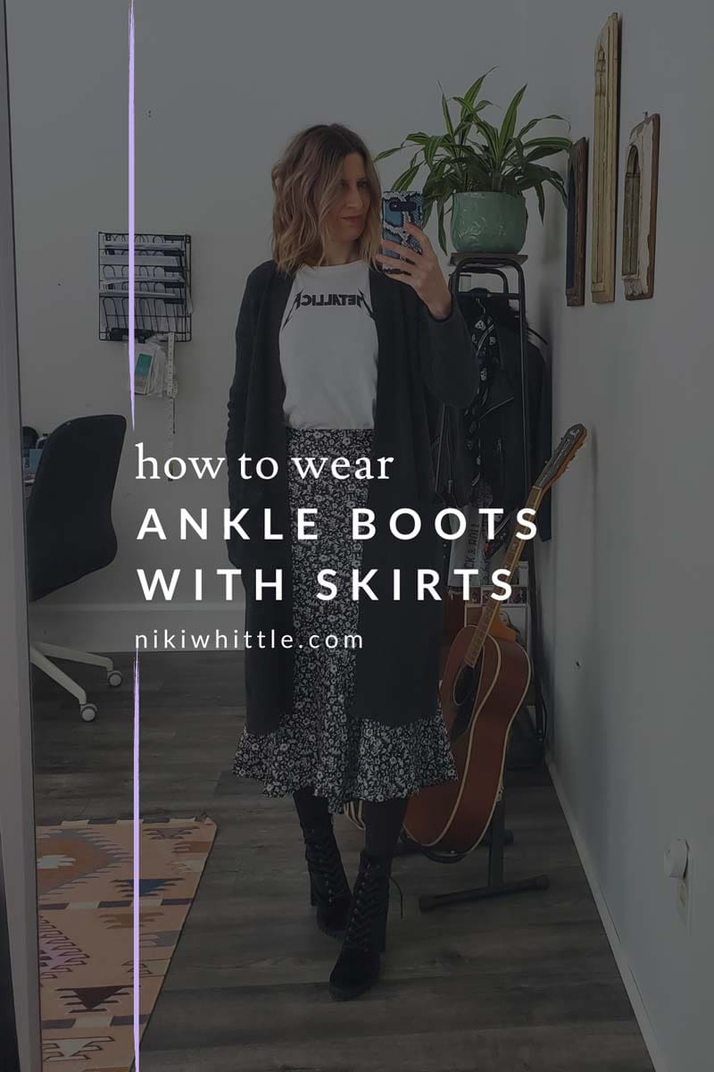 a photo of a women whowing you how to wear ankle boots with a skirt