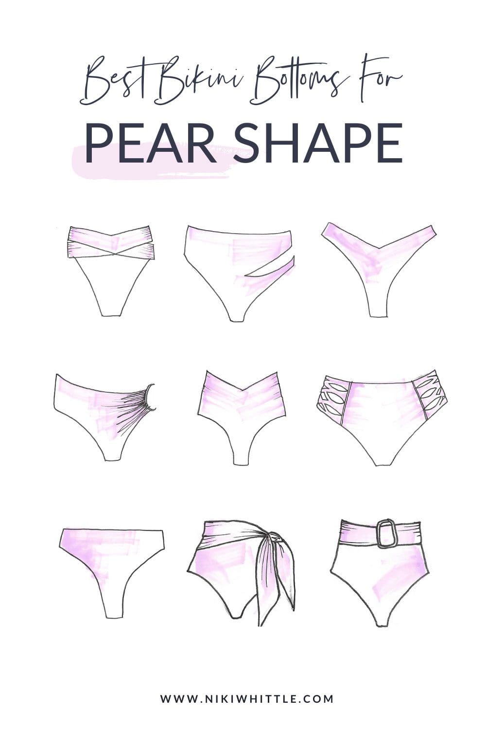 illustrations of bikini bottom styles that suit a pear body shape
