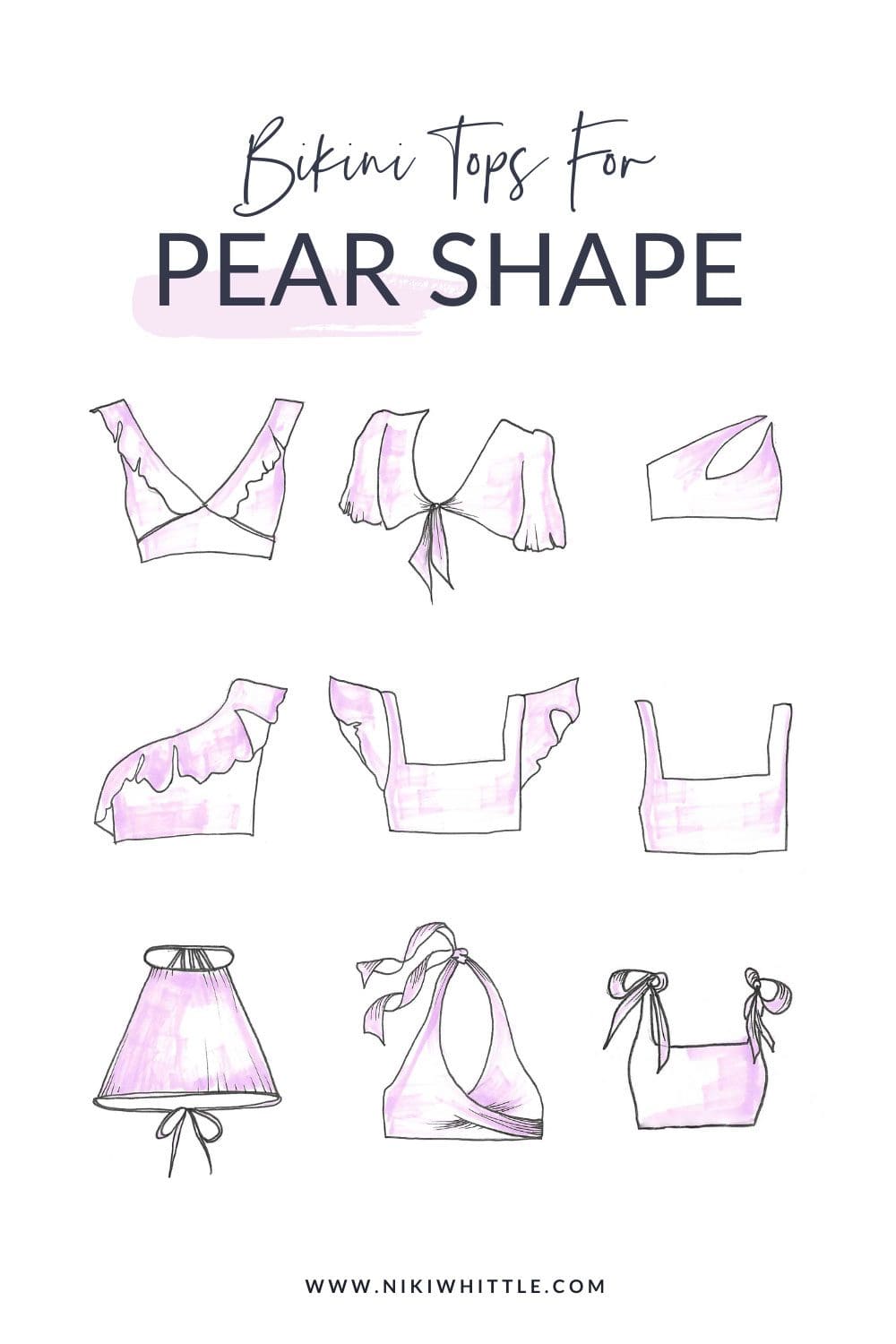 The-most-flattering-bikini-tops-for-pear-body-shapes illustrations of bikini top styles that suit a pear body shape
