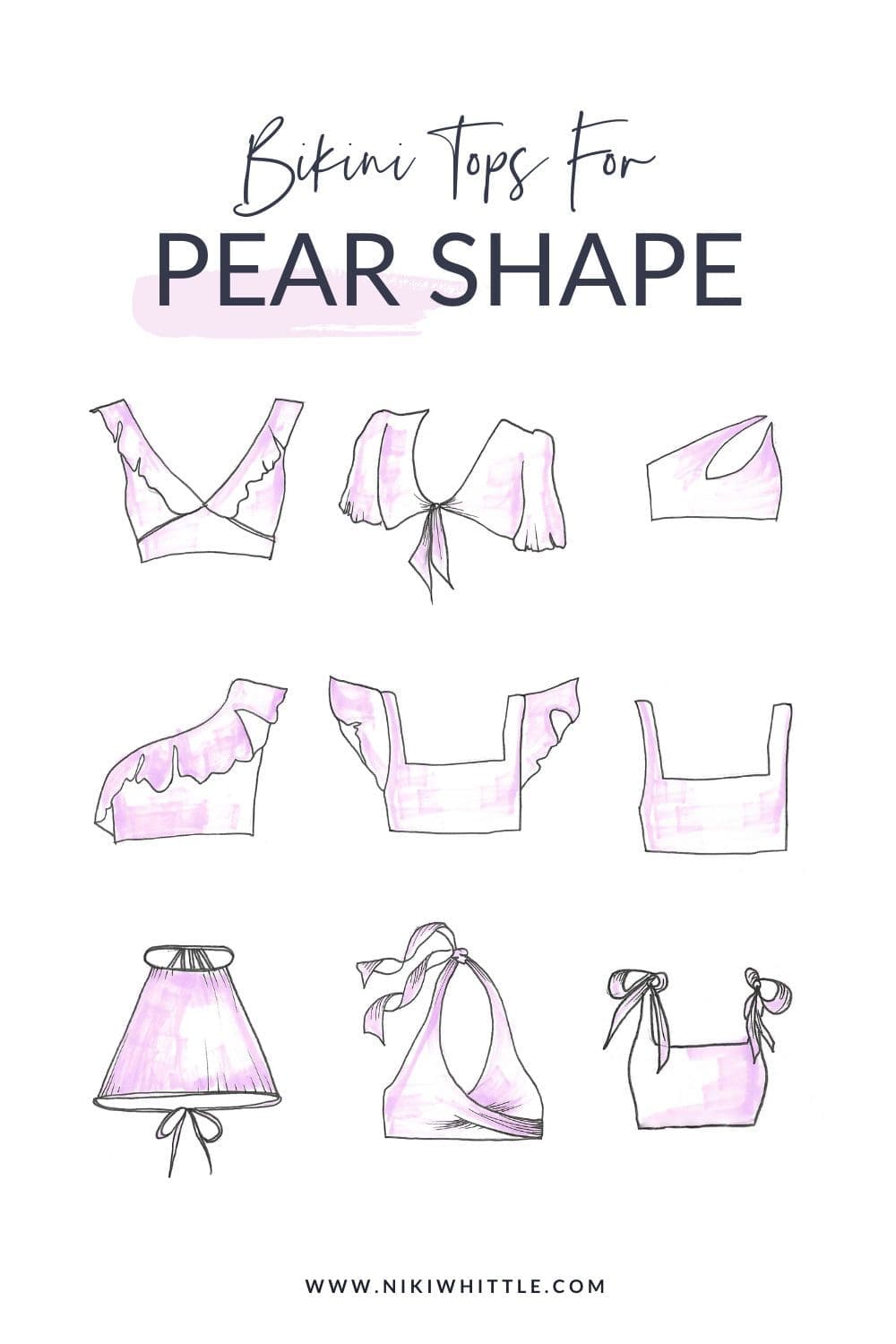 illustrations of bikini  top styles that suit a pear body shape