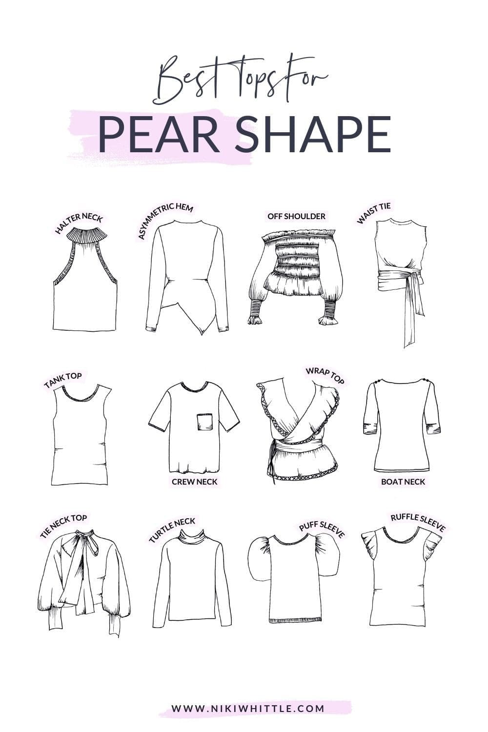 illustrations of 12 different tops styles that look good on a pear body shape