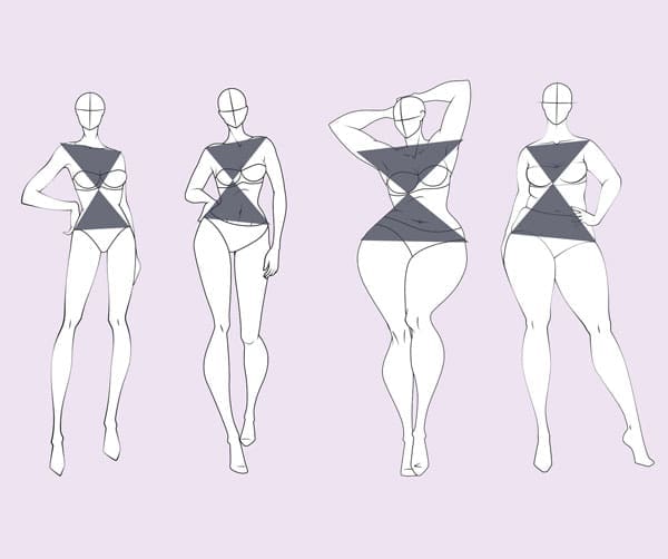 an illustration of 4 hourglass shaped women, all with slightly different hourglass shapes