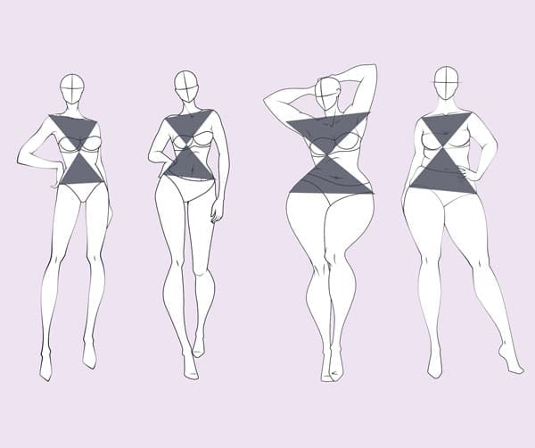 different-hourglass-shapes an illustration of 4 hourglass shaped women, all with slightly different hourglass shapes